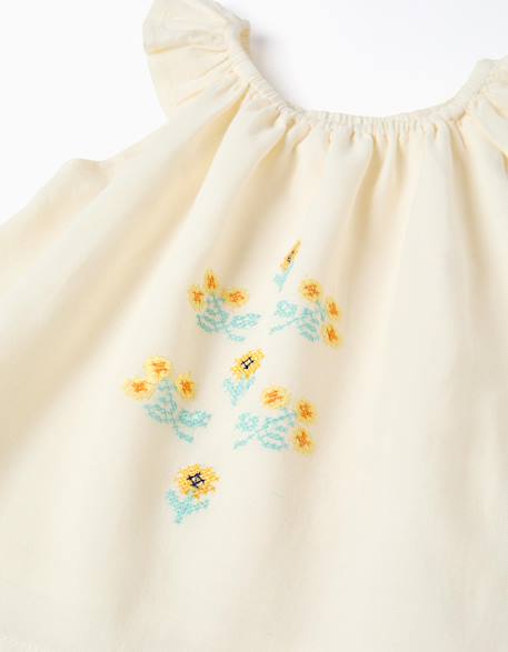 Blouse en coton et lin avec fleurs Beige clair 3 - vertbaudet enfant 