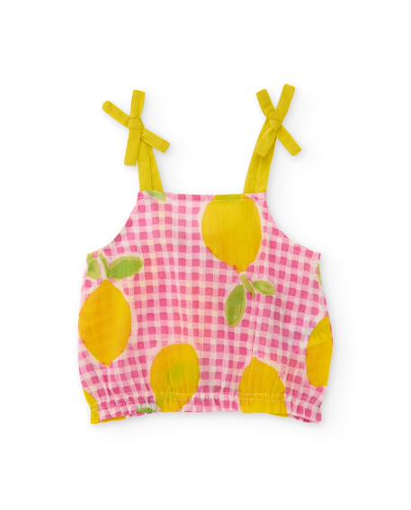 Top fille à carreaux et motif citrons avec bretelles à nœuds Rose 1 - vertbaudet enfant 