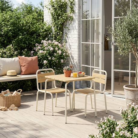 Table de jardin enfant acier et décor bois + 2 assises - suzie Beige+Vert de gris 1 - vertbaudet enfant 