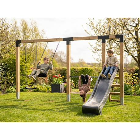 Balançoire double en bois avec barre fixe et toboggan - jeu jardin exterieur Naturel 2 - vertbaudet enfant 