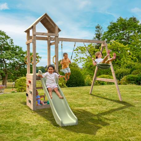 Aire de jeux toboggan - balançoires - mur d'escalade plaqueminier bois h240cm Maron - vert kaki 1 - vertbaudet enfant 
