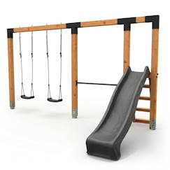 Jouet-Balançoire double en bois avec barre fixe et toboggan - jeu jardin exterieur