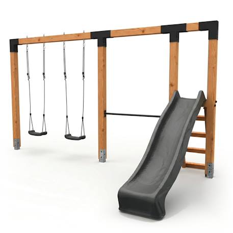 Balançoire double en bois avec barre fixe et toboggan - jeu jardin exterieur Naturel 1 - vertbaudet enfant 