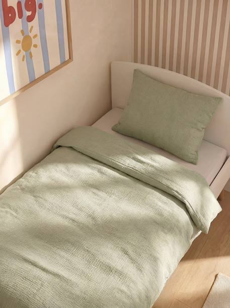Parure housse de couette et taie d'oreiller unie vert sauge+vieux rose 1 - vertbaudet enfant 