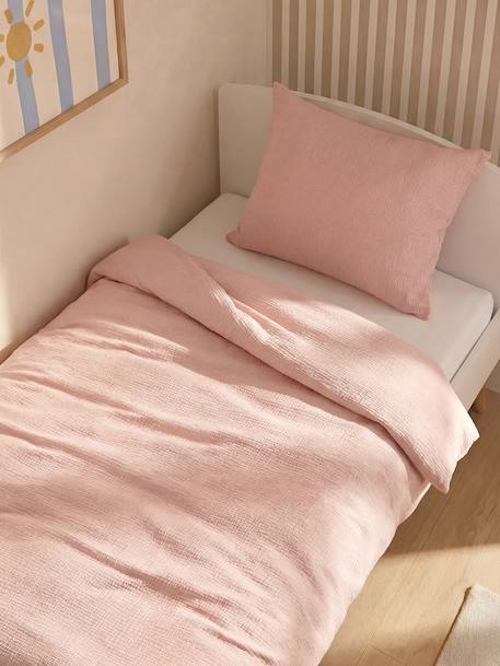 Parure housse de couette et taie d'oreiller unie vert sauge+vieux rose 7 - vertbaudet enfant 