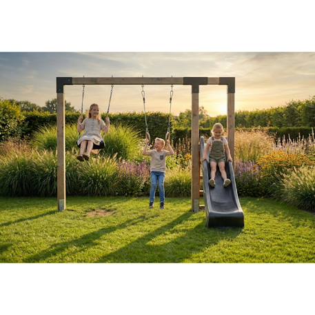Balançoire en bois avec toboggan et anneaux de gym 297cm Naturel 4 - vertbaudet enfant 
