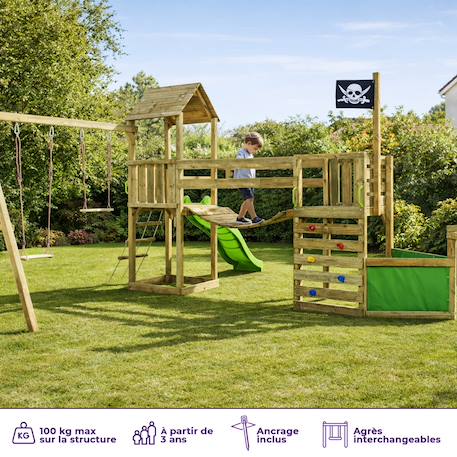 Aire de jeux : balançoire, toboggan, trapèze, escalade, pont suspendu willi Marron 2 - vertbaudet enfant 