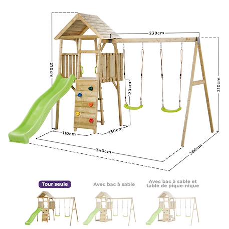 Aire de jeux bois, 2 balançoires, toboggan, escalade, cabane woodi Marron 3 - vertbaudet enfant 