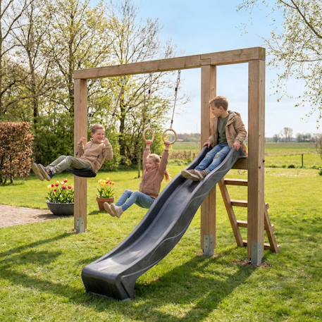 Balançoire en bois avec toboggan et anneaux de gym 294cm Naturel 5 - vertbaudet enfant 