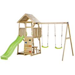Aire de jeux bois, 2 balançoires, toboggan, escalade, bac à sable woodi  - vertbaudet enfant