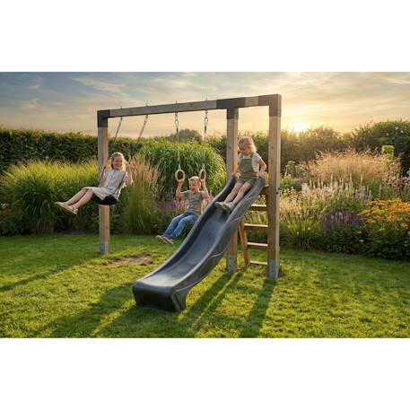 Balançoire en bois avec toboggan et anneaux de gym 297cm Naturel 5 - vertbaudet enfant 