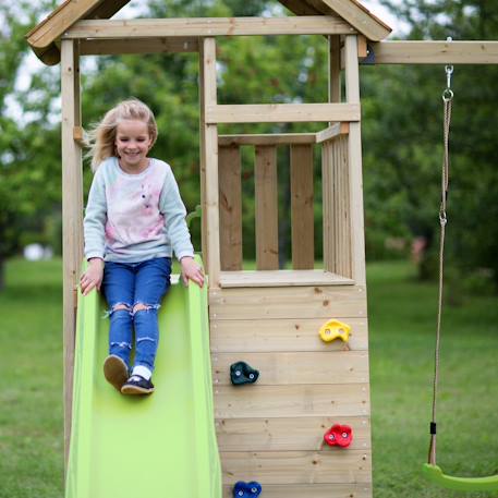 Aire de jeux portique en bois woodi - double balançoire, toboggan, mur d'escalade, bac a sable, table pique nique, cabane, échelle Marron 6 - vertbaudet enfant 
