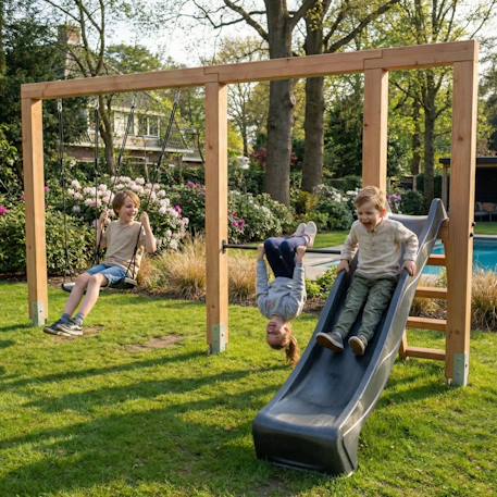 Structure de jeux en bois balançoire toboggan et barre fixe 433cm Naturel 5 - vertbaudet enfant 