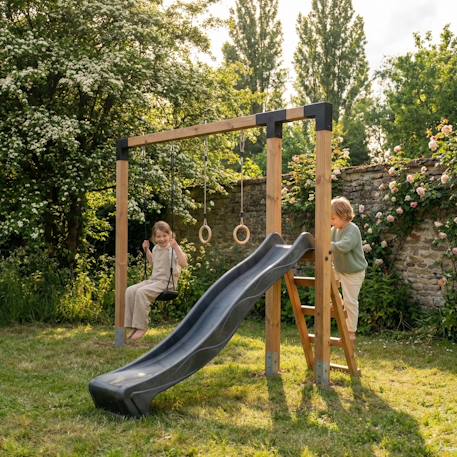 Balançoire en bois avec toboggan et anneaux de gym 297cm Naturel 3 - vertbaudet enfant 