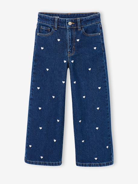 Jean large fille brodé bleu foncé+bleu jean+bleu moyen+denim bleached 1 - vertbaudet enfant 