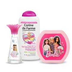 Puériculture-Toilette de bébé-Coffret Barbie enfant eau de toilette, gel douche 2 en 1 et boîte à goûter