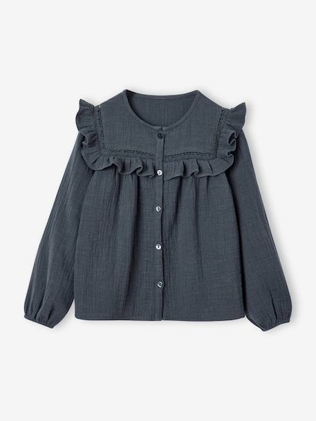 Chemise manches longues fille bleu ardoise+rose poudré+vanille 2 - vertbaudet enfant 