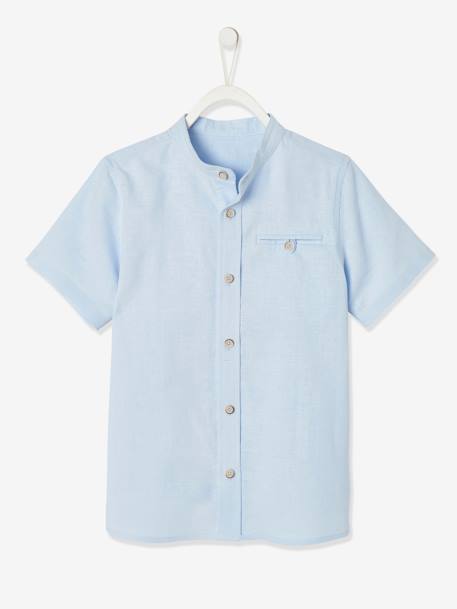 Chemise col Mao garçon en coton/ lin manches courtes blanc+bleu ciel 9 - vertbaudet enfant 