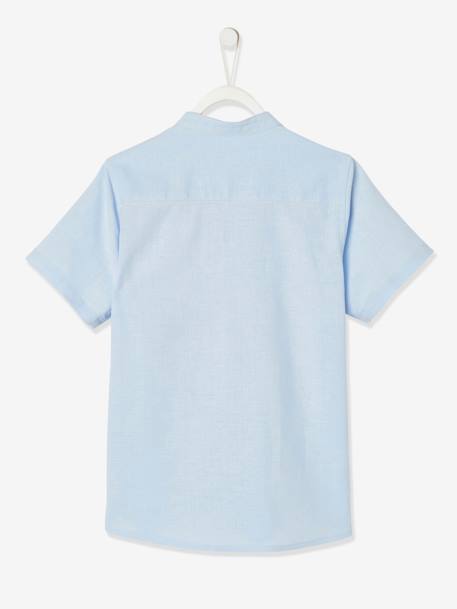 Chemise col Mao garçon en coton/ lin manches courtes blanc+bleu ciel 10 - vertbaudet enfant 