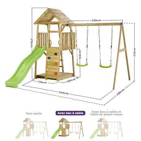 Aire de jeux portique en bois woodi - double balançoire, toboggan, mur d'escalade, bac a sable, table pique nique, cabane, échelle Marron 3 - vertbaudet enfant 