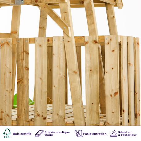 Aire de jeux portique en bois woodi - double balançoire, toboggan, mur d'escalade, bac a sable, table pique nique, cabane, échelle Marron 4 - vertbaudet enfant 