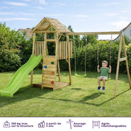 Aire de jeux portique en bois woodi - double balançoire, toboggan, mur d'escalade, bac a sable, table pique nique, cabane, échelle Marron 2 - vertbaudet enfant 