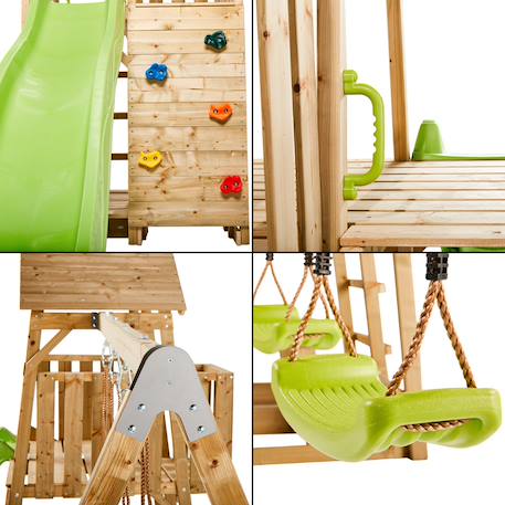 Aire de jeux portique en bois woodi - double balançoire, toboggan, mur d'escalade, bac a sable, table pique nique, cabane, échelle Marron 5 - vertbaudet enfant 
