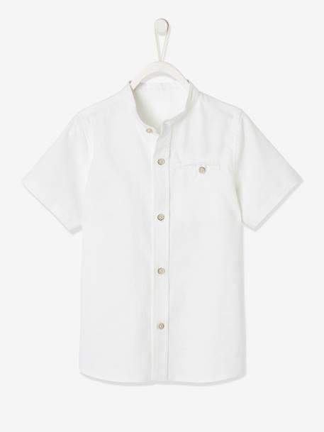 Chemise col Mao garçon en coton/ lin manches courtes blanc+bleu ciel 4 - vertbaudet enfant 