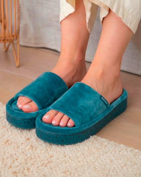 Chaussons mules ouvertes velours, plateforme 3,5 cm Bleucanard+Léopard blush 2 - vertbaudet enfant 