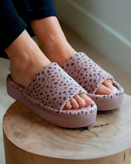 Chaussons mules ouvertes velours, plateforme 3,5 cm Bleucanard+Léopard blush 8 - vertbaudet enfant 