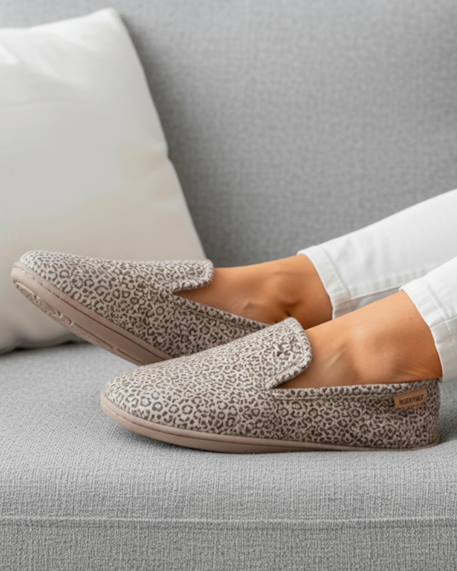 Chaussons charentaises velours semelle ergonomique mousse à mémoire forme Gris chiné+Léopard beige 8 - vertbaudet enfant 