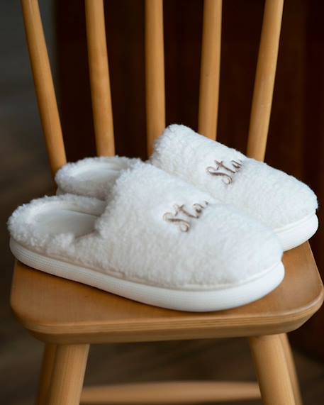 Chaussons mules matière sherpa, semelle bloup extra confort Ivoire+Léopard camel 2 - vertbaudet enfant 