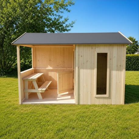 Cabane en bois avec préau et table de jeu jazz Marron 2 - vertbaudet enfant 