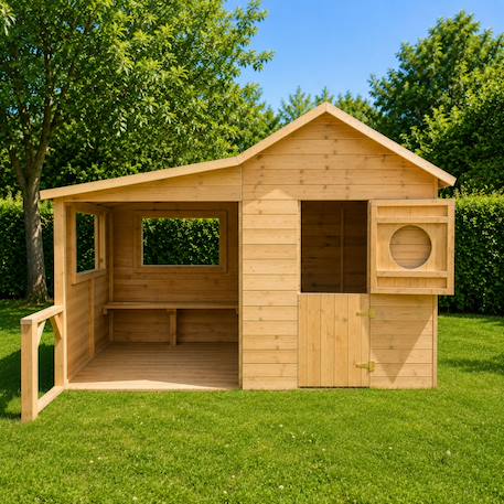 Cabane en bois traité avec préau et banc hacienda Marron 2 - vertbaudet enfant 