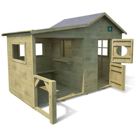 Cabane en bois traité avec préau et banc hacienda Marron 3 - vertbaudet enfant 