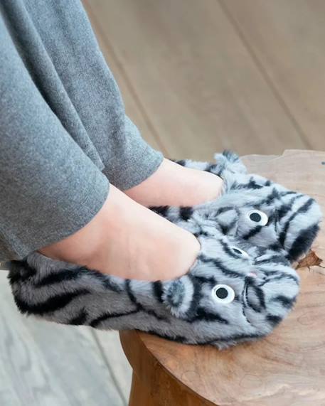 Chaussons ballerines imitation fourrure, semelle gomme antidérapante Gris foncé tigré 2 - vertbaudet enfant 