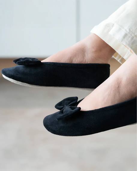 Chaussons ballerines ultra confortables, en coton biologique et semelle en cuir, détail grand nœud Corail+Noir 8 - vertbaudet enfant 