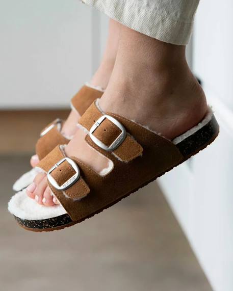 Chaussons mules ouvertes ultra confortables, en cuir Camel+Vert d'eau 2 - vertbaudet enfant 