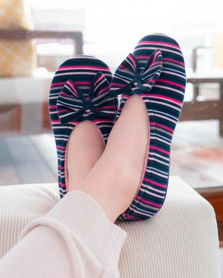 Chaussons ballerines ultra confortables, en coton biologique et semelle en cuir, détail grand nœud Rayuresbleues 2 - vertbaudet enfant 
