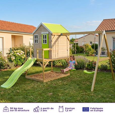 Maisonnette enfant extérieur en bois tinni avec plateforme, toboggan et double balançoire Marron 2 - vertbaudet enfant 
