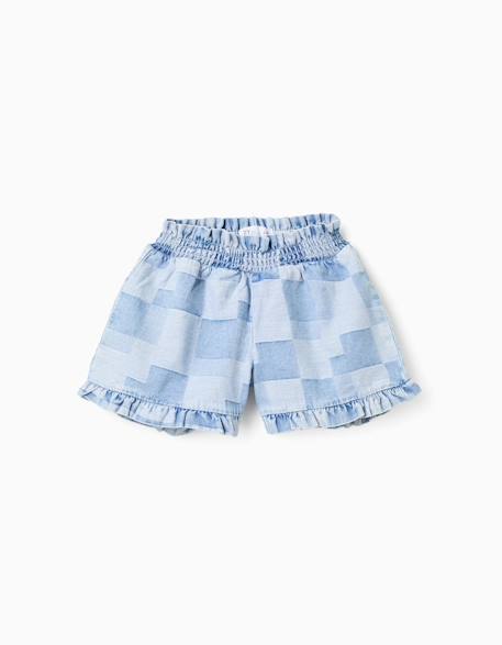 Fille-Short en jean à carreaux et ourlets à volants