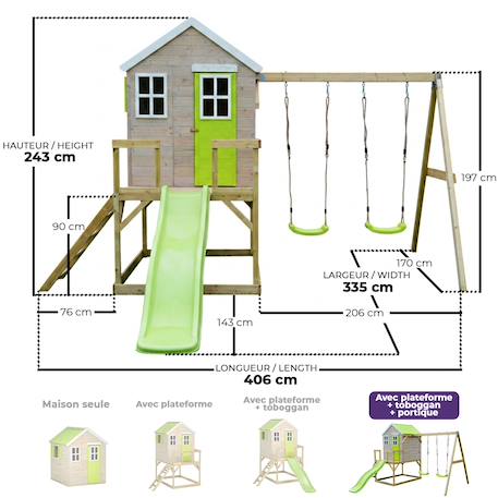 Maisonnette enfant extérieur en bois tinni avec plateforme, toboggan et double balançoire Marron 4 - vertbaudet enfant 