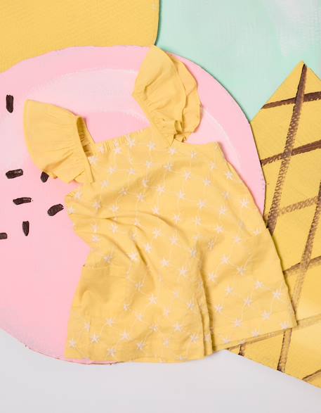 Combinaison courte en coton avec broderie et volants b&s Jaune clair 1 - vertbaudet enfant 