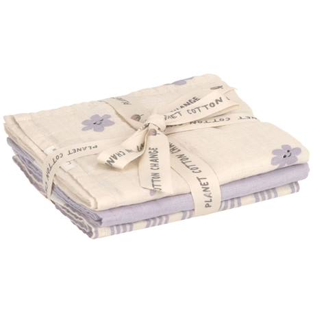 Lot de 3 langes mousseline tiny team lilas pastel (60x60 cm) Lilas, blanc 3 - vertbaudet enfant 