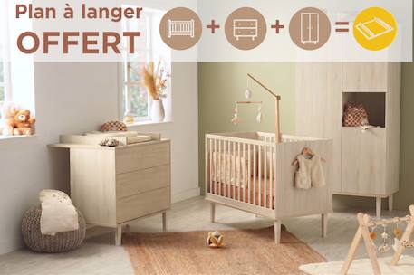Chambre bébé 3 pièces , lit bébé 120x60, commode à langer 3 tiroirs , armoire 3 portes et 1 niche - décor bois hêtre cendré - opaline Beige 1 - vertbaudet enfant 