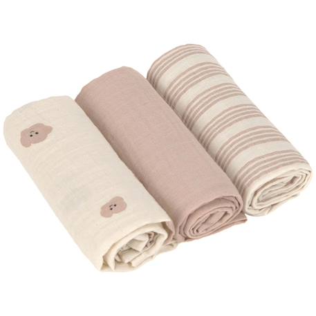 Lot de 3 langes mousseline tiny team taupe (60x60 cm) Marron, blanc 1 - vertbaudet enfant 