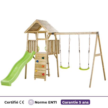 Aire de jeux bois, 2 balançoires, toboggan, escalade, cabane woodi Marron 6 - vertbaudet enfant 