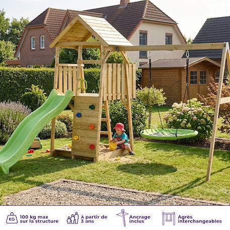Aire de jeux bois, 2 balançoires, nid, toboggan, escalade, bac à sable woodi Marron 2 - vertbaudet enfant 
