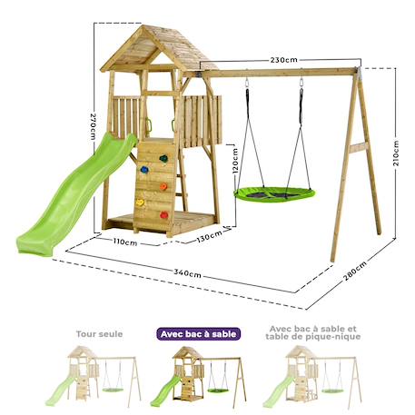 Aire de jeux bois, 2 balançoires, nid, toboggan, escalade, bac à sable woodi Marron 4 - vertbaudet enfant 