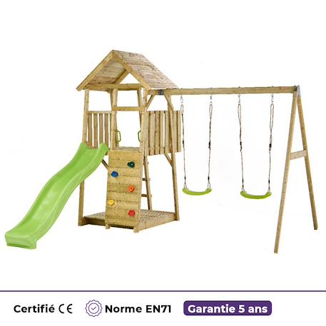 Aire de jeux bois, 2 balançoires, toboggan, escalade, bac à sable woodi Marron 6 - vertbaudet enfant 